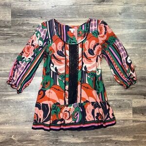 Odille Anthropologie Silk Floral Boho Peasant Tunic Top Lace Trim Ruffle Hem